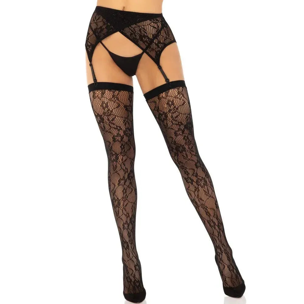Leg Avenue Black Lace Stockings & Garter Belt - Chic 2-Piece Set for Timeless Elegance