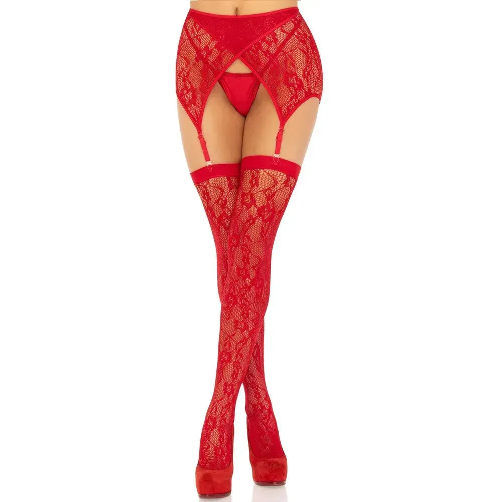 Leg Avenue Red Lace Stockings & Garter Belt - Sexy 2-Piece Set for Effortless Elegance