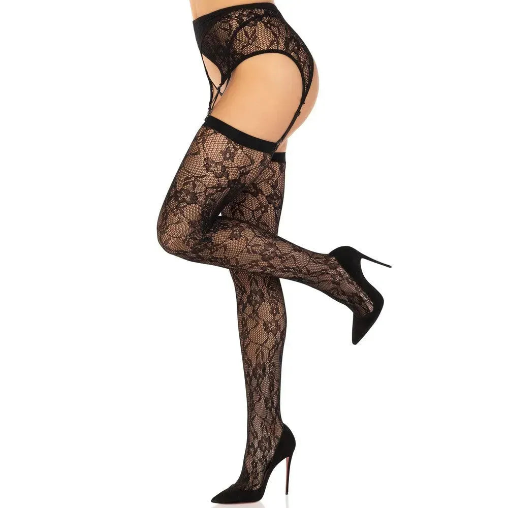 Leg Avenue Black Lace Stockings &amp; Garter Belt - Chic 2-Piece Set for Timeless Elegance