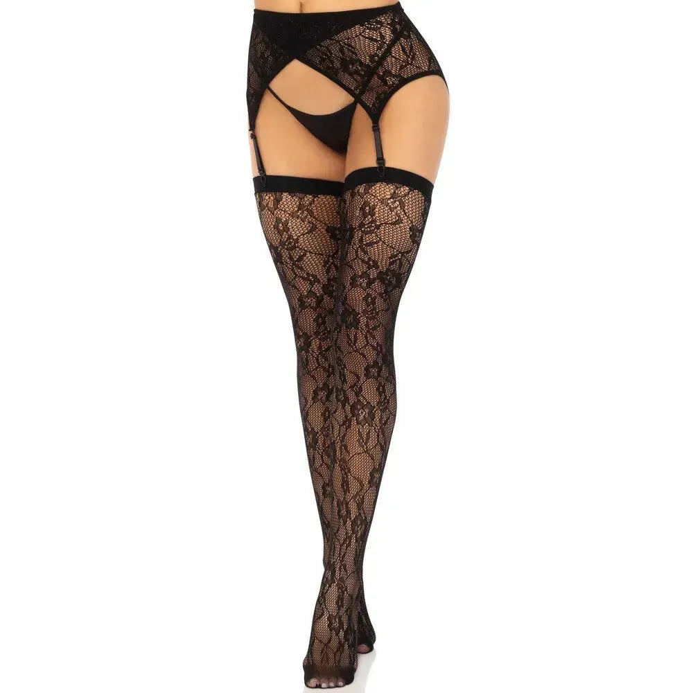 Leg Avenue Black Lace Stockings &amp; Garter Belt - Chic 2-Piece Set for Timeless Elegance