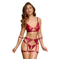 RED BONDAGE BRA AND SUSPENDER SET WITH CUFFS
