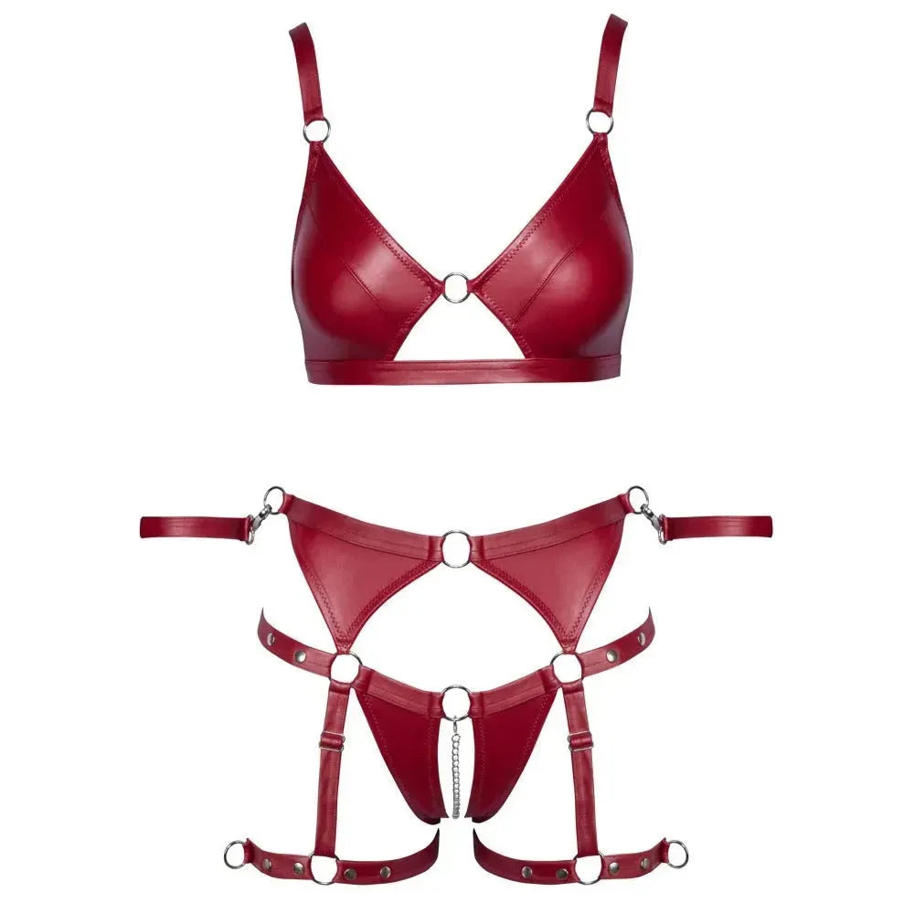 Cottelli Red Crotchless Bondage Set - Wireless Bra &amp; Suspender Briefs with Restraints