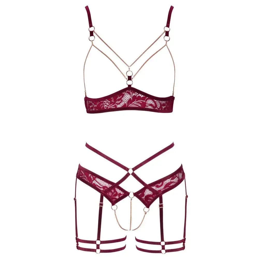 Abierta Fina Red Open Lace Set - Busty Bra &amp; Suspender Briefs with Adjustable Straps