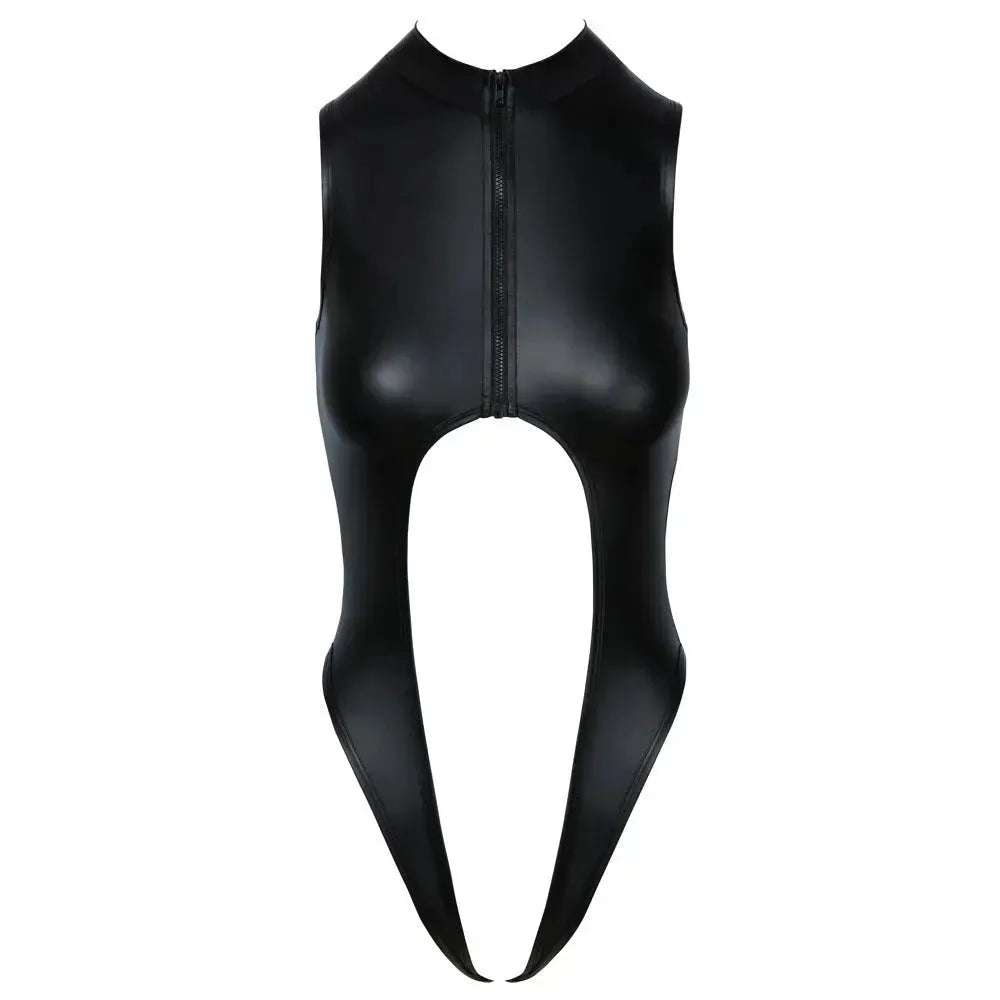 Cottelli Open Body – Black Matte Look, High Neck, Full Front Zip, Open Crotch, Sleeveless – Sexy &amp; Comfortable