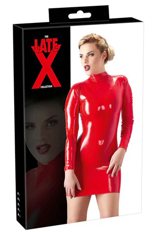 Red Mini Dress with Zip – Sexy Latex, Long Sleeves, Adjustable Fit, UK Size Available