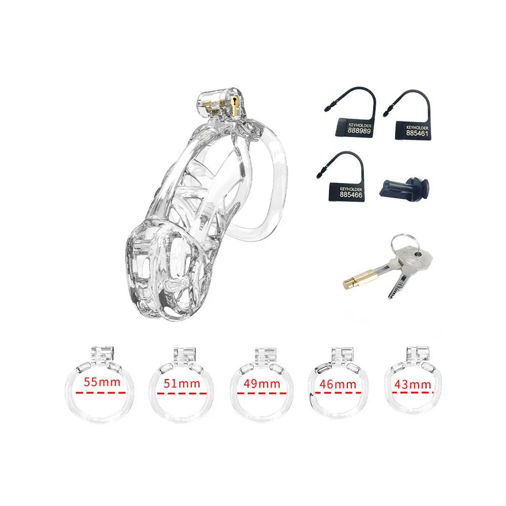Rimba P-Cage PC11 - Large Transparent Chastity Cage with 5 Base Rings &amp; Travel-Safe Lock, 105mm Length