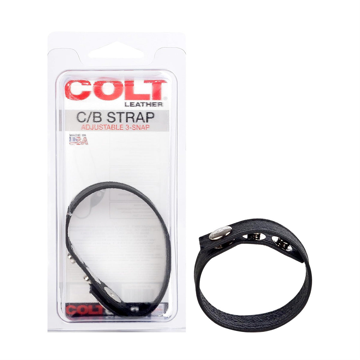 Adjustable 3 Snap Leather Strap – with retail packaging