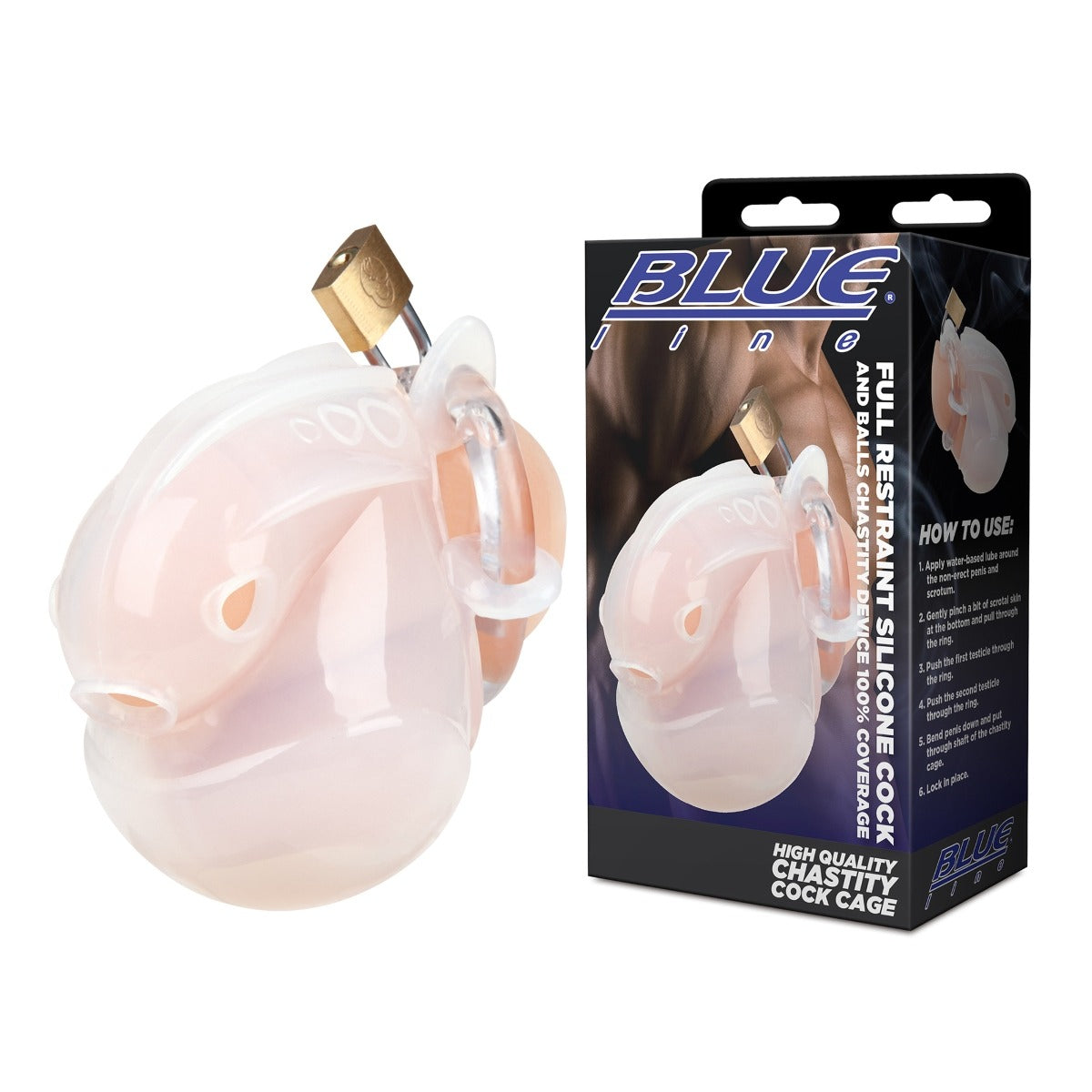 Blue Line Full Restraint Silicone Cock And Balls Chastity Device - White – product detail view 