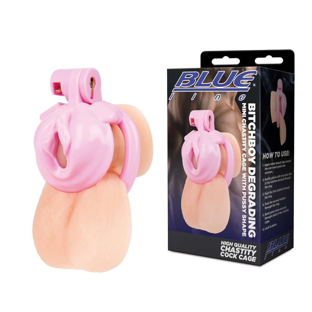 Blue Line BITCHBOY DEGRADING Mini Chastity Cage With Pussy Shape – additional product view