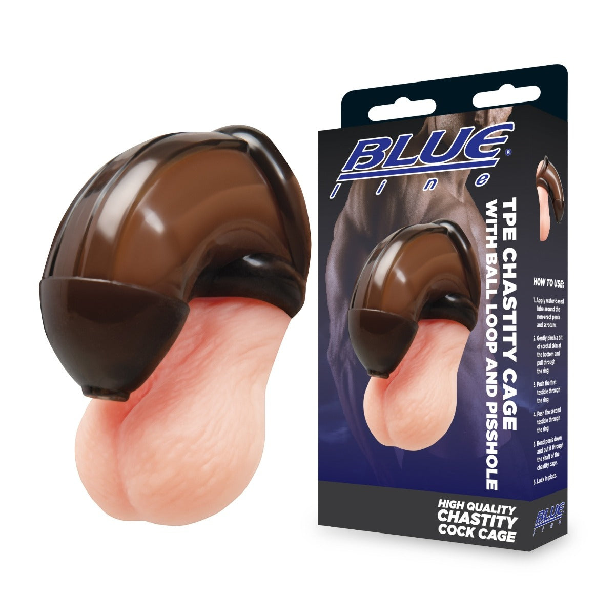 Blue Line Chastity Cage With Ball Loop And Pisshole - Black – with retail packaging 
