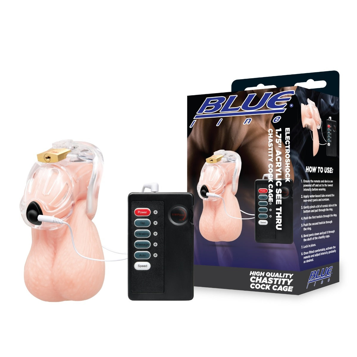 Blue Line Electroshock 1.75" Acrylic See Thru Chastity Cock Cage – additional product view