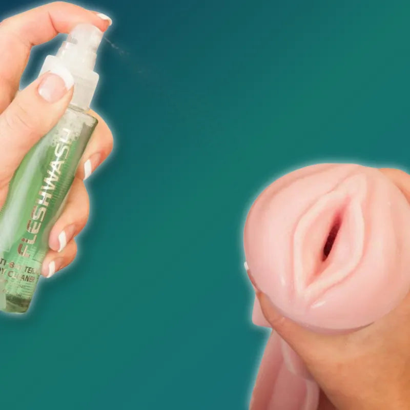 Fleshlight Fleshwash being sprayed to clean a toy