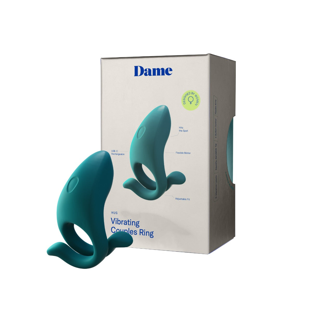Dame Hug Vibrating Cock Ring in Fir Green – with retail packaging