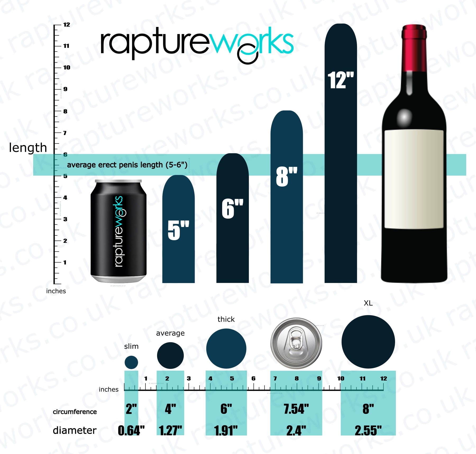 RaptureWorks size guide showing length and diameter comparisons
