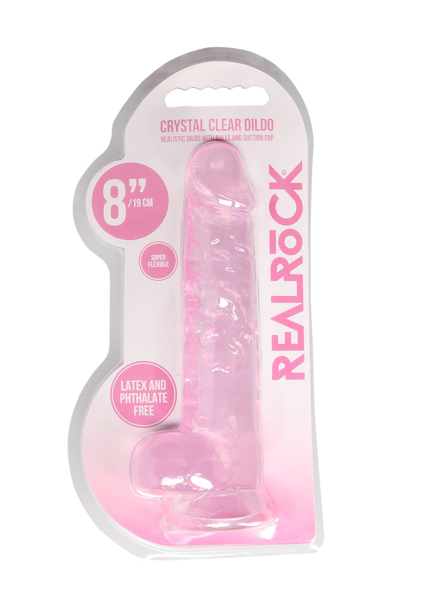 RealRock by Shots Crystal Clear Dildo With Balls – 8" in Pink 