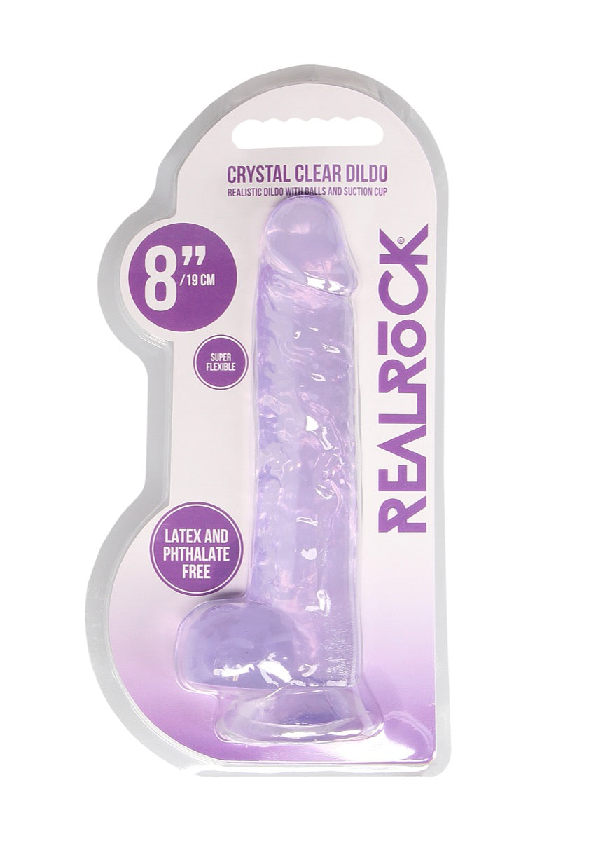 RealRock by Shots Crystal Clear Dildo With Balls – 8" in Purple 
