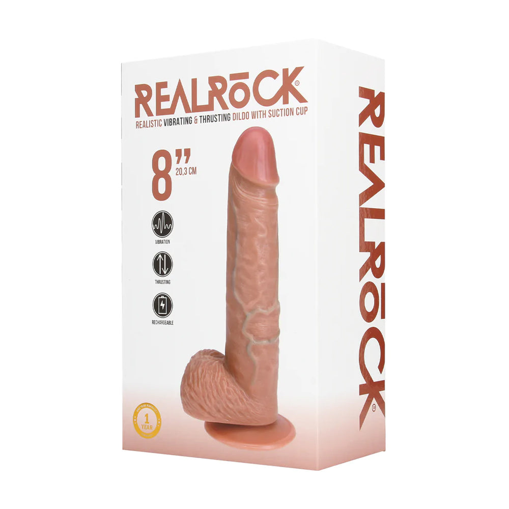 Realistic Vibrating &amp; Thrusting Dildo With Balls 8" in Tan – with retail packaging 