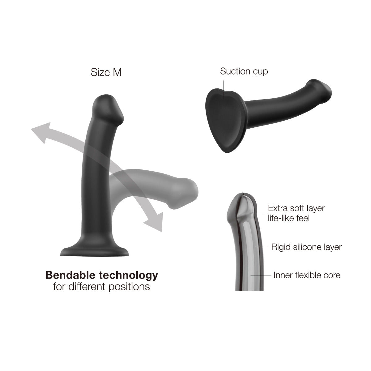 Strap On Me Silicone Bendable Dildo 7.1" – Black – feature infographic 