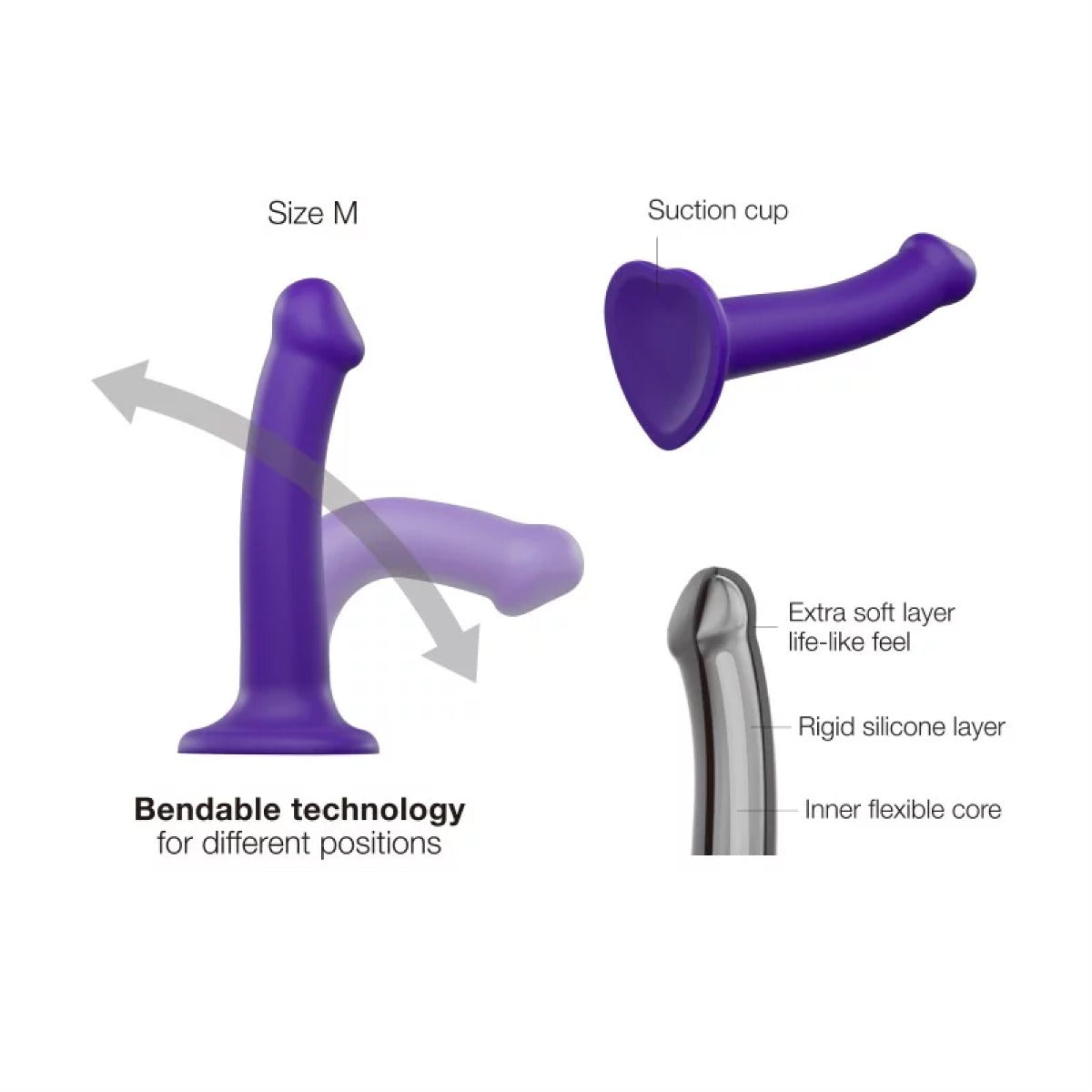Strap On Me Silicone Bendable Dildo 7.1" – Purple – feature infographic 