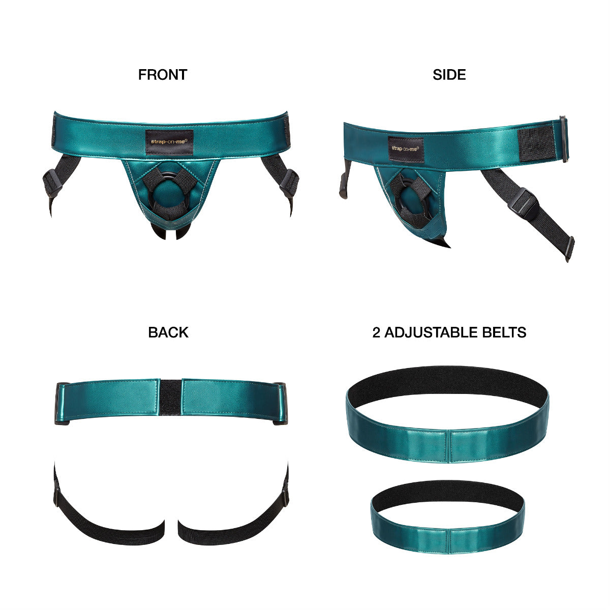 Strap On Me Curious Harness in Metallic Emerald Green – multi-angle view 