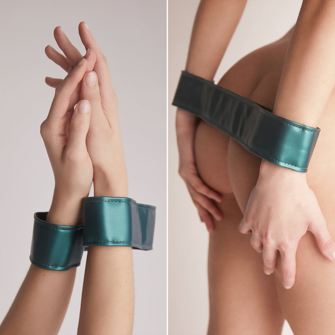 Strap On Me Curious Harness in Metallic Emerald Green – lifestyle view 