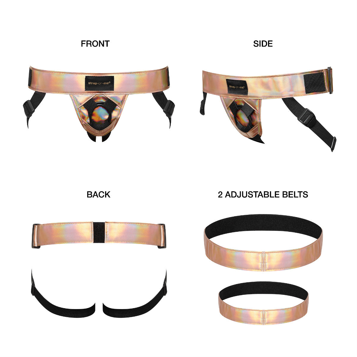 Strap On Me Curious Harness in Holographic Rose Gold – multi-angle view 