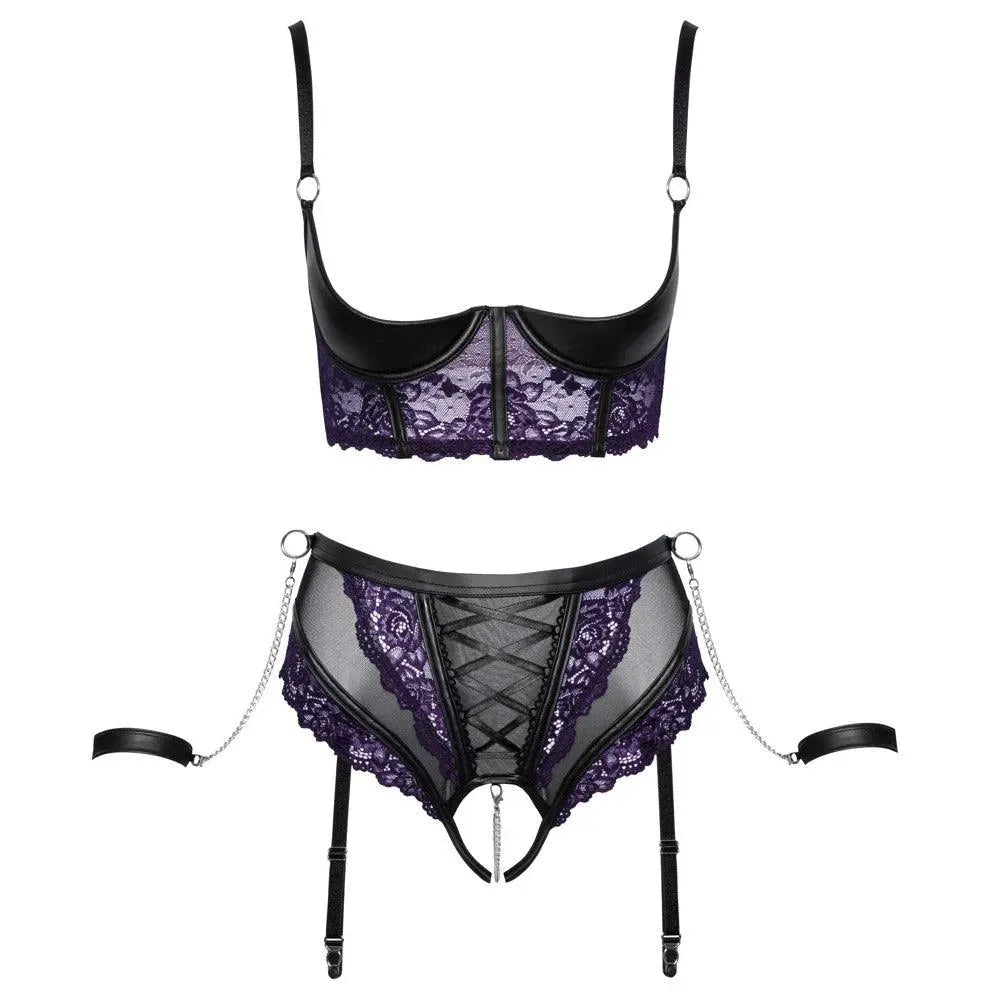 Cottelli Quarter Cup Bra, Suspender Briefs And 2 Handcuffs - Rapture Works