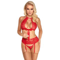Kissable Halterneck Set – Red Lace Bra, Thong & Suspender Belt – UK Size 6-12