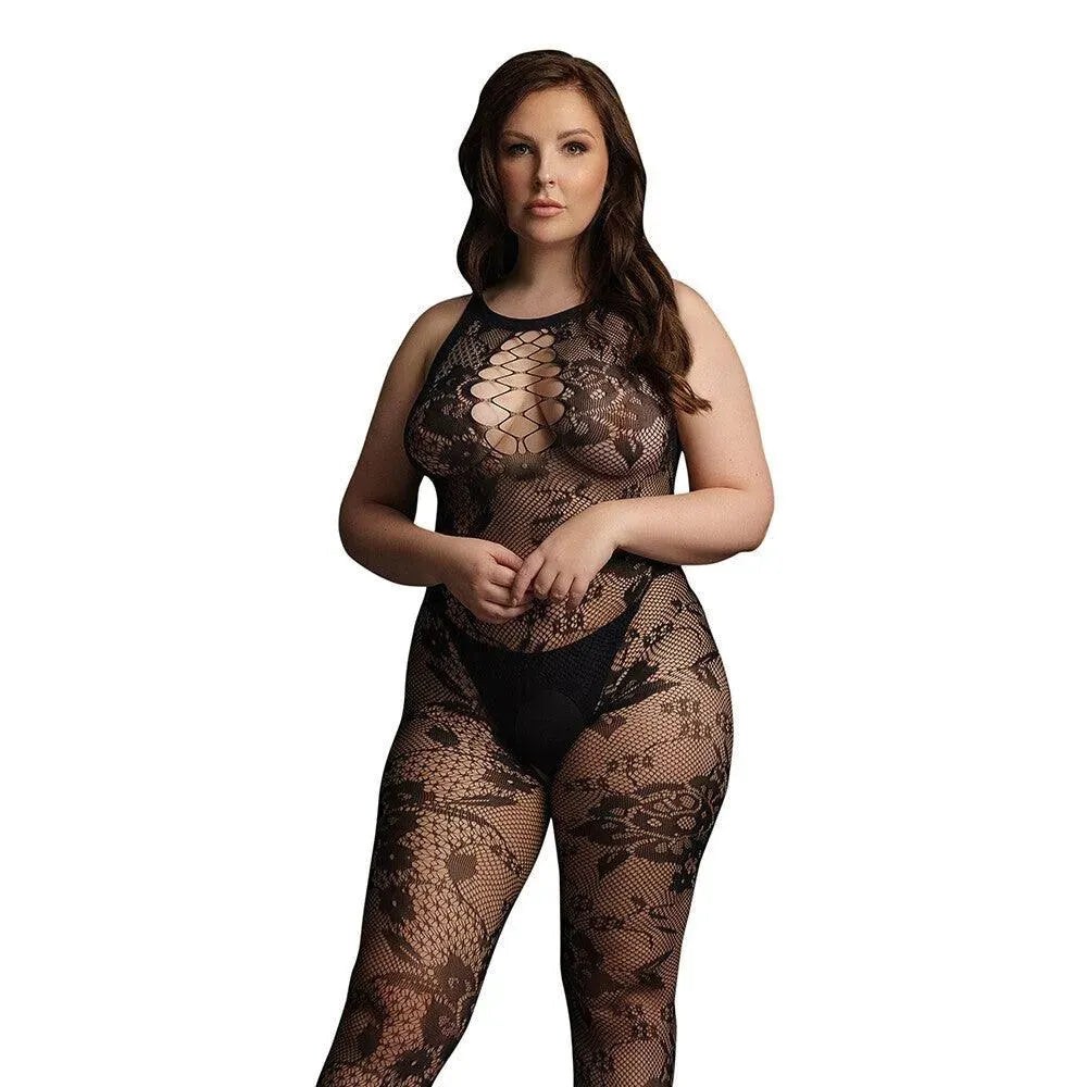 Le Desir Black Criss Cross Neck Bodystocking UK 14 to 20 - Rapture Works