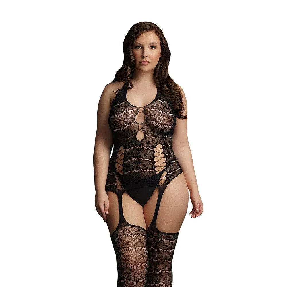 Le Desir Black Lace Suspender Bodystocking UK 14 to 20 - Rapture Works
