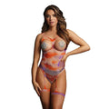 OPEN CUP TIE-DYE FISHNET TEDDY WITH NIPPLE STICKERS - ONE SIZE