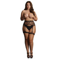 STRIPED FISHNET GARTER BELT WITH LEG BANDS - QUEEN SIZE - BLACK