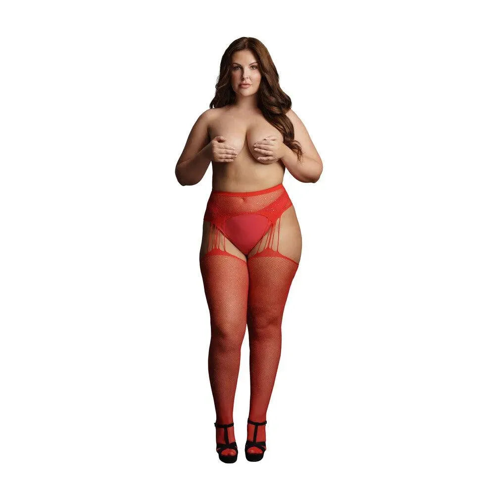 Le Desir Suspender Rhinestone Pantyhose Red UK 14 to 20 - Rapture Works