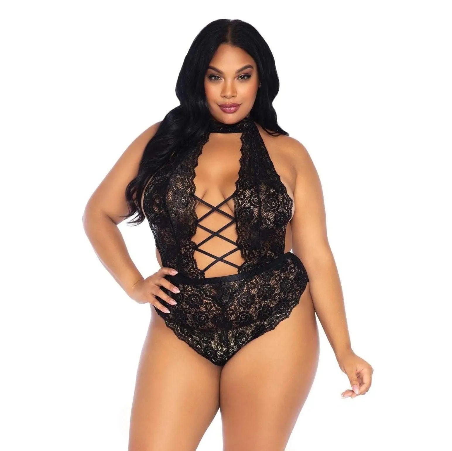 Leg Avenue Floral Lace Crotchless Teddy Black UK 18 to 22 - Rapture Works