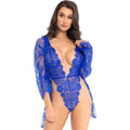 Leg Avenue 3 Piece Blue Floral Lace Teddy Set – Adjustable Straps, Matching Robe & Satin Tie – UK Size 6 to 12