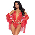 FLORAL LACE TEDDY, THONG AND ROBE SET - RED