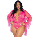 PLUS FLORAL LACE TEDDY, THONG & ROBE SET - PINK - ONE SIZE