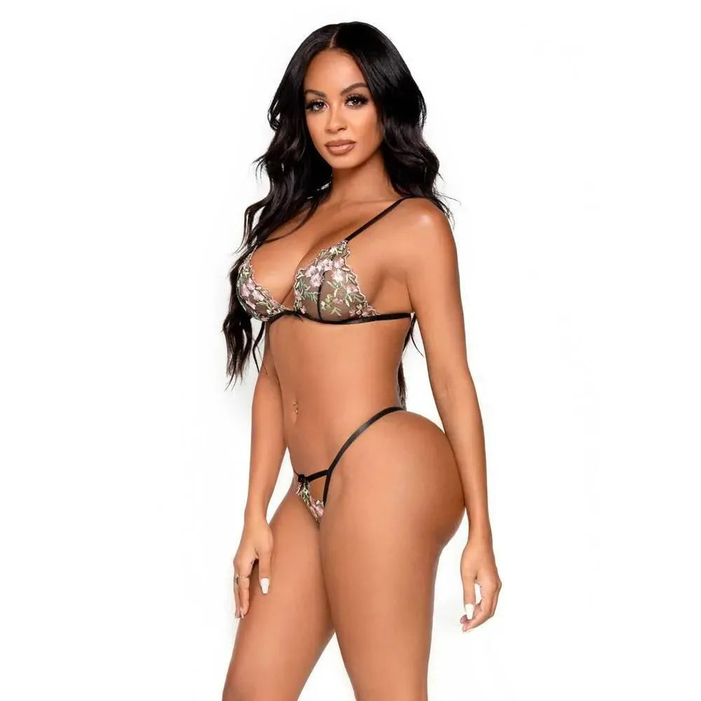 Leg Avenue Floral Sheer Bra and G-String Black - Rapture Works