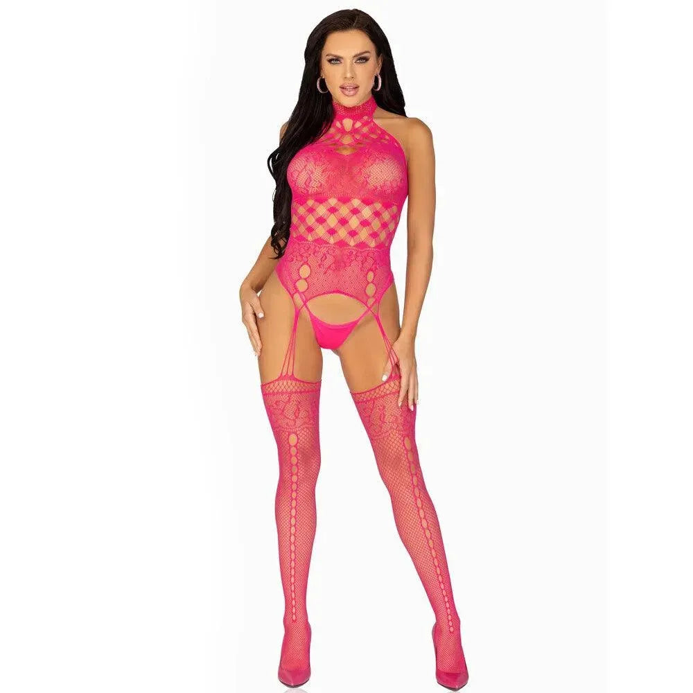 Leg Avenue High Neck Halter Net And Lace Suspender UK 6 to 12 - Rapture Works