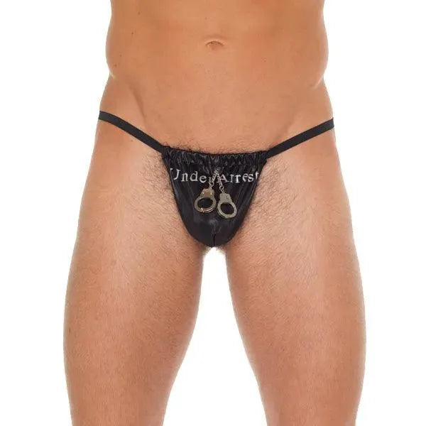 Mens Black G-String With Handcuff Pouch - Rapture Works