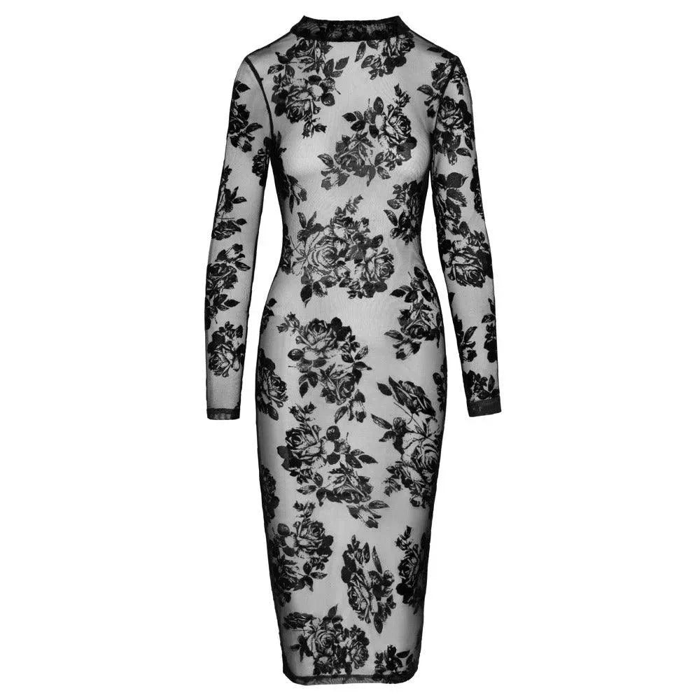 Noir Tight Fitting Floral Transparent Dress - Rapture Works