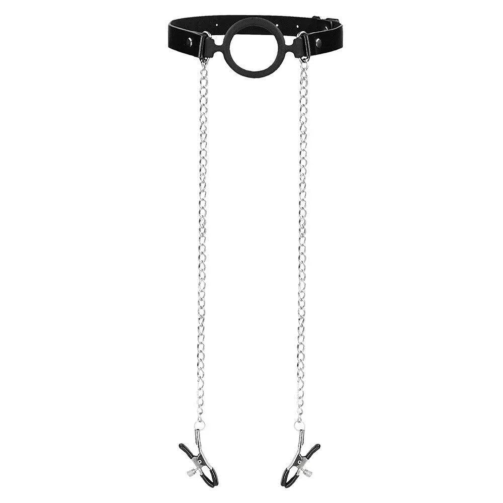Ouch O Ring Gag With Nipple Clamps - Rapture Works