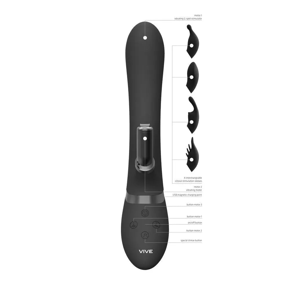 Vive Chou Double Action Interchangeable Rabbit Vibrator Black - Rapture Works