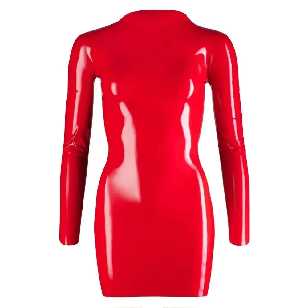 Zip Up Latex Mini Dress With Long Sleeves Red - Rapture Works